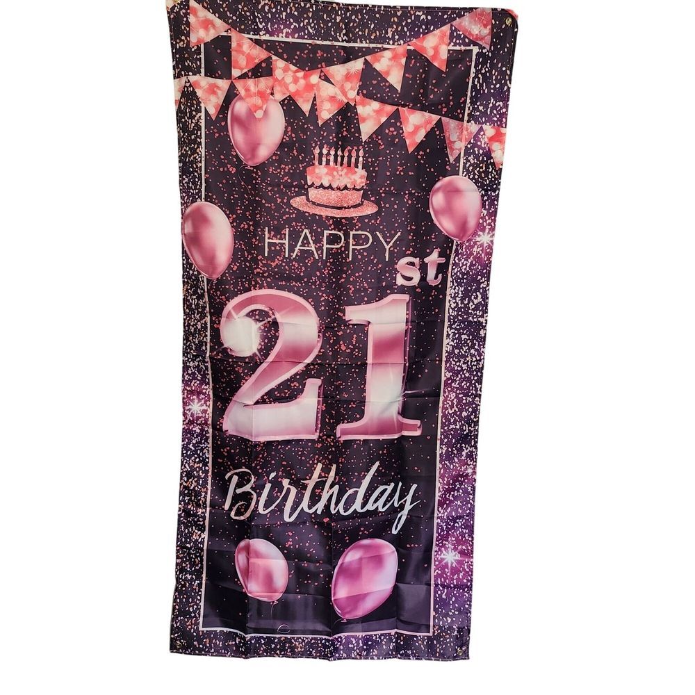 Happy 21st Birthday Banner With Pink Balloons & Cake Print -‎ Party Decoration